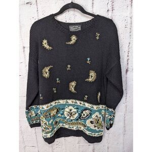 Carole Little Vintage Womens Paisley Hand Knit Arcylic Wool Sweater Petites Medi